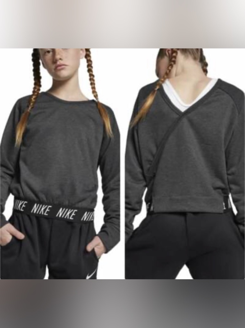 Nike Gray Breathable Pullover Sweatshirt V-Neck‎ Logo Accent Long Sleeve Girl XL